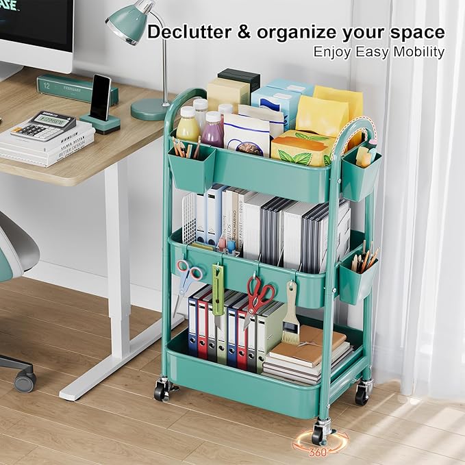 Green 3 Tier Rolling Cart Metal with Lockable Wheels, Three Tiered Craft Cart Organizer on wheels, Utility Storage Carts for Art, Baby Supplies, Diaper Caddy, Snack, Pantry, Nail, Lash, Cleaning