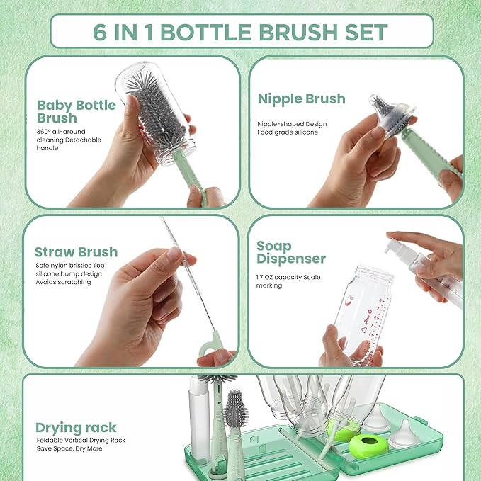 Bottle Brush Set Cleaner Silicone Brushes - Premium Food-Grade Silicone - Travel Friendly Portable Baby Bottle Cleaner Kit (Green, Classic Style)