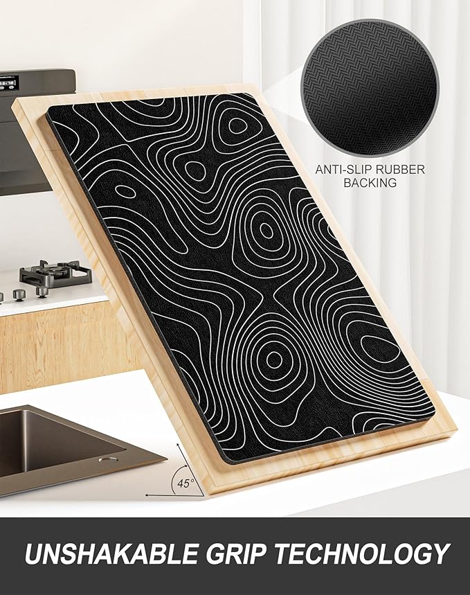 Rnivvi Dish Drying Mat for Kitchen Counter, 12 x 19" Cute Marble Super Absorbent Draining Pad, Non-Slip Heat Resistant Coffee Bar Mats for Coffee Machine Station Accessories, Line Art Dish Rack Pad