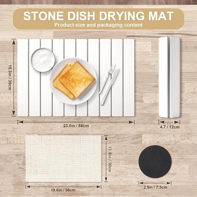 Stone Dish Drying Mat for Kitchen Counter, 23x15.3 Inch Large Fast-Absorbing Diatomaceous Earth Drying Pad, Quick Dry Foldable Stone Dish Mats for Countertop Dishes, Bottles, Cups and Utensils
