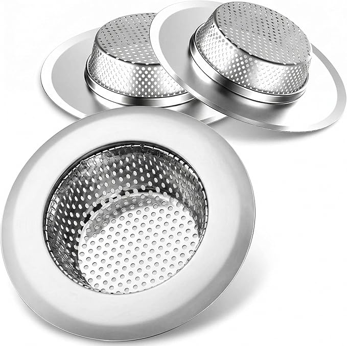 Helect 3-Pack Kitchen Sink Strainer, Stainless Steel Drain Filter with Large 4.5" Wide Rim, Dishwasher Safe, Anti-Clog Perforated Basket for Standard Drains, Garbage Disposals & Utility Tubs