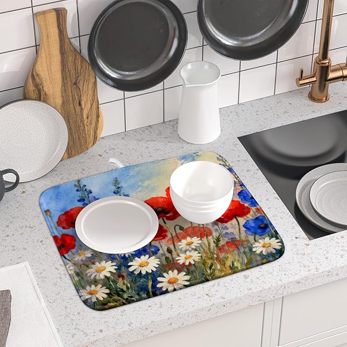 4th of July Dish Drying Mat for Kitchen Counter 16x18 Patriotic Floral Independence Day Memorial Holiday Absorbent Reversible Microfiber Drying Mats Kitchen Countertop Protector Dishes Drainer Pad