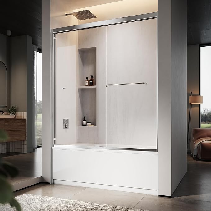 60" W x 60" H Double Sliding Frame Bathtub Door with 5/16" Clear Tempered Glass,Stainless Steel Roller Brackets,Waterproof Threshold Track,Easy-Cleaning Coating & Towel Bar/Knob, Bright Chrome