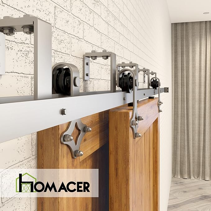 Homacer Brushed Nickel Double Track U-Shape Bypass Sliding Barn Door Hardware Kit, for Two/Double Doors, 8ft Long Flat Track, Diamond Design Roller