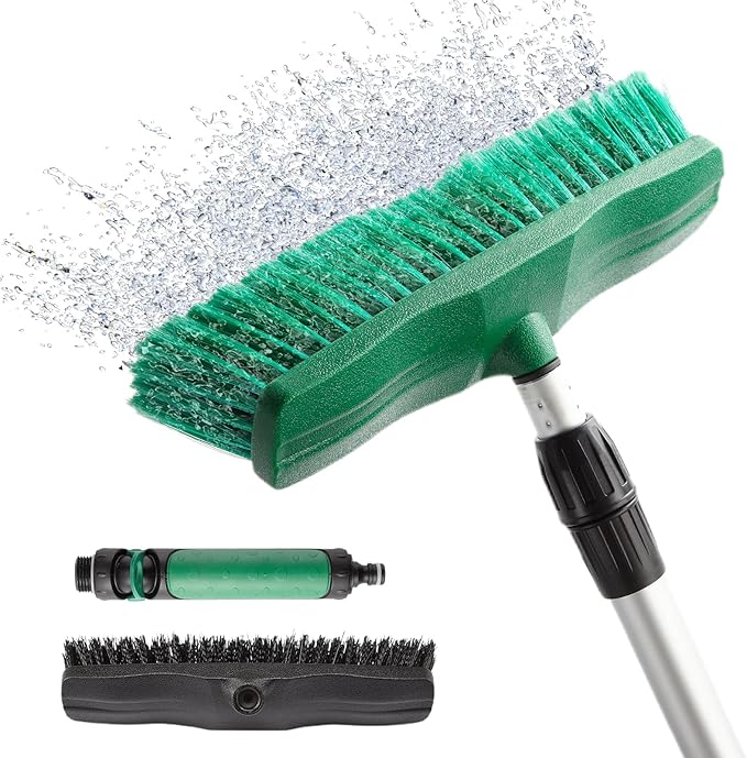 76.7" Sturdy Handle Water Push Floor Broom Green Bristles Cleaning Path 12.2" for Soft Cleaning Car Wash Boat and Solar Panel Black for Hard Floor Clean Telescopic pole from 35.4" to 76.7" tap Connect