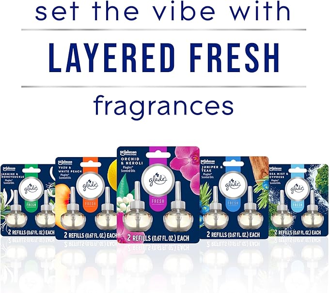 Glade PlugIns Refills Air Freshener, Scented and Essential Oils for Home and Bathroom, Yuzu & White Peach, Fresh Collection 3.35 Fl Oz, 5 Count