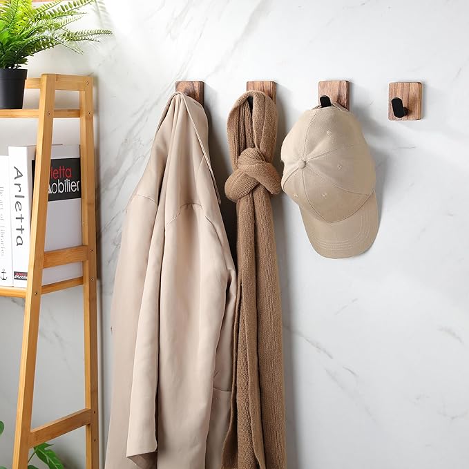 DELITON Towel Hooks for Bathrooms, 4 Pack Adhesive Wood Hooks for Hanging Robes, Towels, Coat, Key, Decorative Wall Utility Hook Heavy Duty