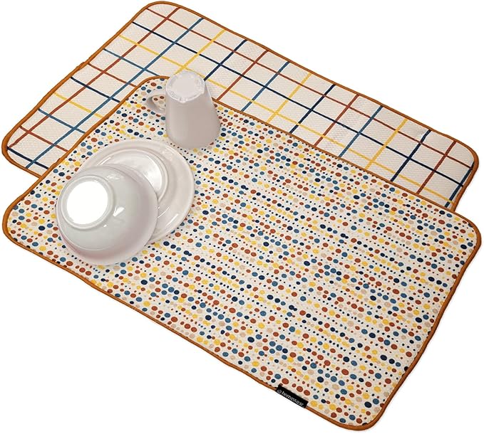 2 Pack Printed Dish Drying Mats for Kitchen, Super Absorbent Polyester, 15 x 20 inches, Countertop Sink, Machine Washable, Plaid & Polka Dot