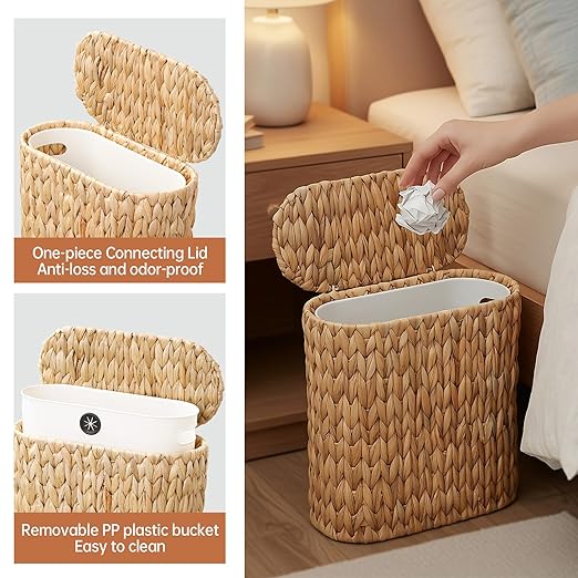 Wicker Bathroom Trash Can with Lid,Narrow Rattan Waste Basket with Removable Liner Bucket,Slim Woven Water Hyacinth Garbage Can for Bedroom,Office,Small Spaces,3 Gallon