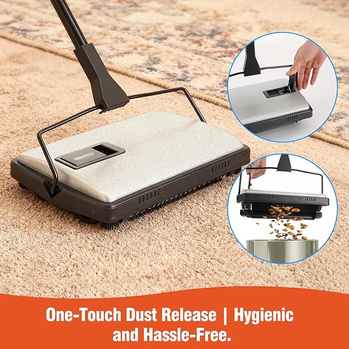 Carpet Sweeper Manual Cordless - Non-Electric Push Sweeper for Pet Hair & Debris on Carpets & Rugs, Includes Cleaning Tool & Extra Replacement Roller