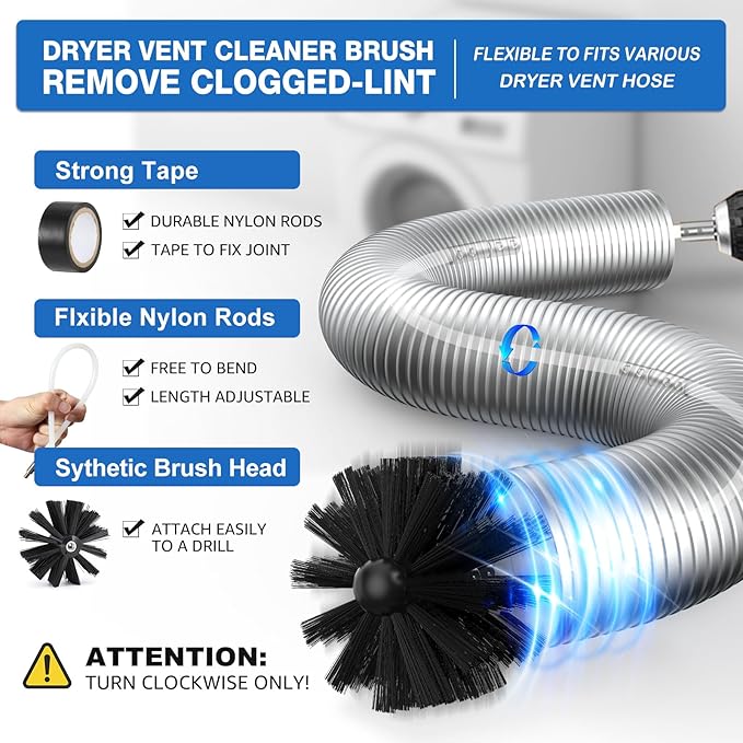 22-Piece 60-Feet Dryer Vent Cleaner Kit, Dryer Vent Cleaning Kit Lint Remover with Dryer Vent Brush, Vacuum Hose Attachment Cleaning Tools, Flexible Lint Trap Brush, Vacuum & Dryer Adapters