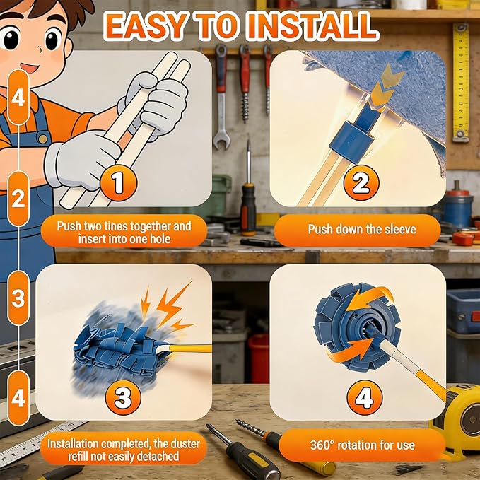 360° Electrostatic Duster Refills - The Sustainable Choice for a Dust-Free Home, Reusable & Washable Microfiber Dusting Heads, Reusable Duster Refills (1 Handle + 5 Refills)