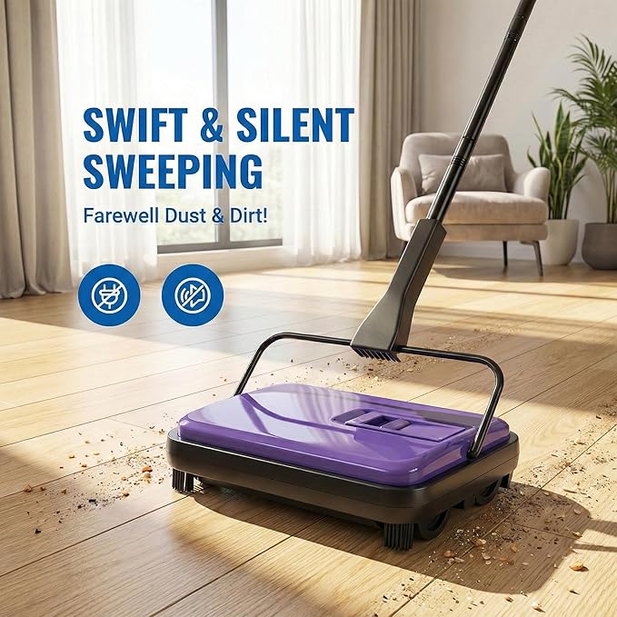 Manual Carpet Sweeper, Electric-Free Quiet Floor Sweeper with 300ml Easy-Empty Dustbin, 6.7” Cleaning Width for Pet Hair, Crumbs, Dust on Carpets, Hardwood, Tile - Home & Office Use (Purple)