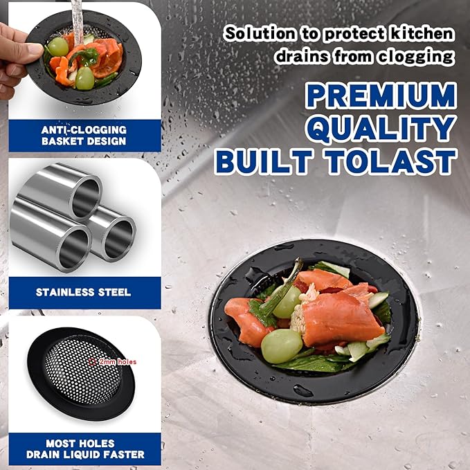 2PC Kitchen Sink Drain Strainer Stainless Steel with Mesh |4.4 inch Wide Rim Sink Drain Basket Cover | Anti-Clogging Food Catcher|Suitable for Most Sink Drains |Dishwasher Safe Drain Filter (Black)
