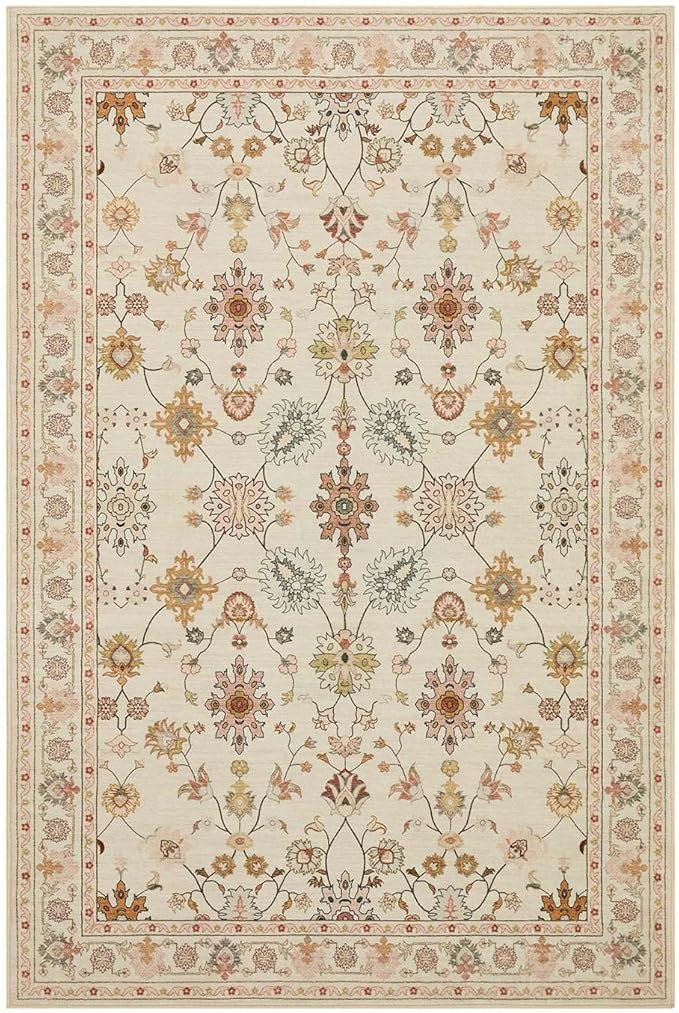 Floral Rug for Living Room Bedroom, 5x7 Washable Rug, Vintage Boho Area Rug, Large Non Slip & Low Pile Wool Carpet for Indoor Dining Room, Girls Room, Nursery Room and Kids Room(Apricot 5x7ft)