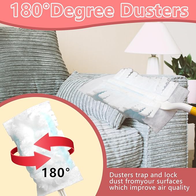BDS-HOME 30 Count Electrostatic Duster Refills, 180°Multi-Surface Dusting Compatible with Duster Microfibre Feather Dusters Replacement Kit with 2 Handles for Home Office Furniture Cleaning