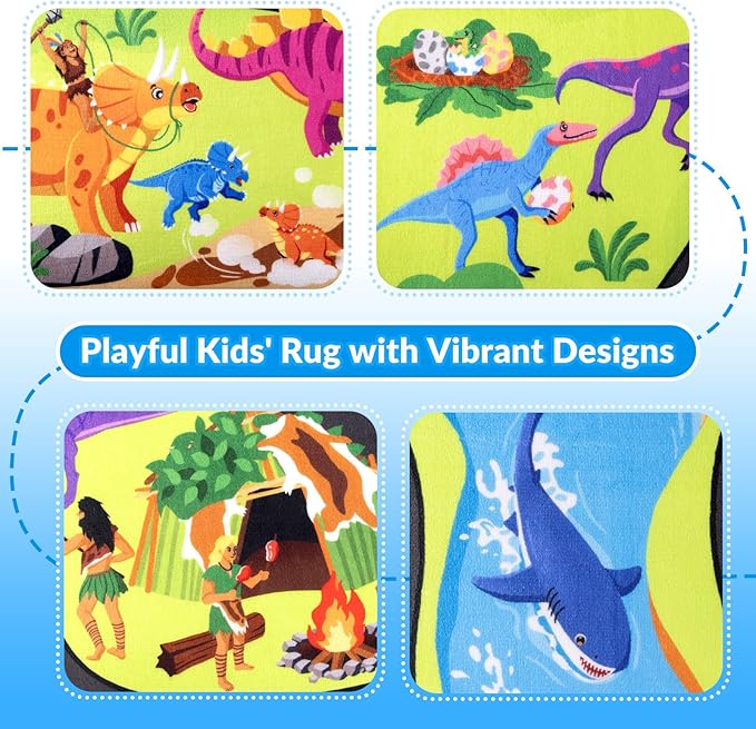 Kids Rug, 3x5 Ft Dinosaur Road Map Rug for Kids, Soft Flannel Play Mat with Non-Slip, Easy to Clean, Cushioned Baby Play Mat Carpet to Boost Motor Skills & Imagination