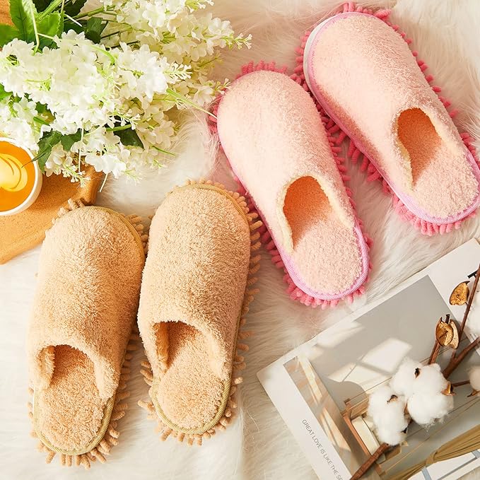 Gerrii 4 Pair Microfiber Cleaning Mop Slippers - Detachable Washable House Mop Slippers for Men and Women, Ideal for Kitchen Floor Dust Cleaning, Includes Blue, Gray, Pink, Beige(Large)