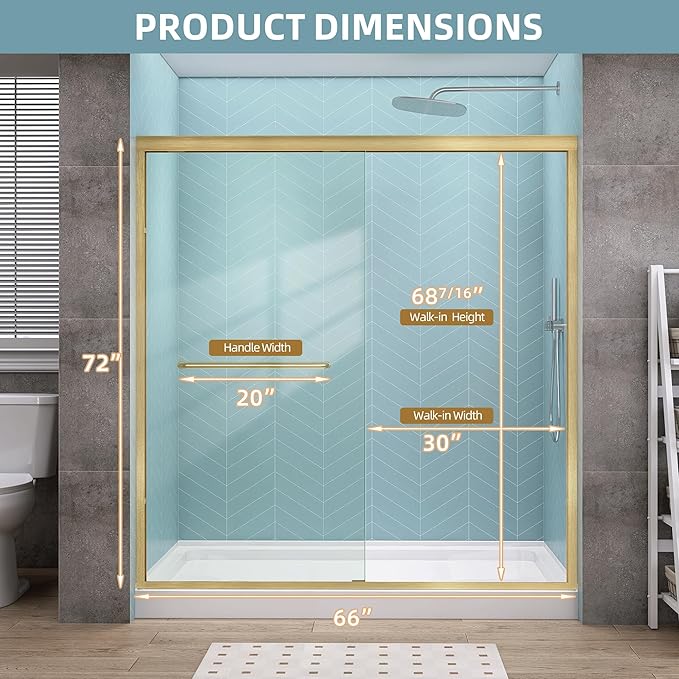 GETPRO Shower Door Double Sliding 62-66 in. W x 72 in. H Semi-Frameless Bypasss Bathroom Glass Shower Sliding Doors,1/4 inch Clear Tempered Glass Door for Walk-in Shower Brushed Gold