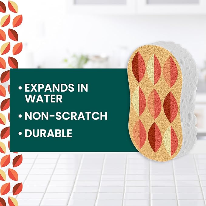Scotch-Brite Harvest Pop Up Kitchen Sponges, Unique Compressed Kitchen Sponge for Cleaning Gently, Autumn Pattern Dish Sponge That Expands in Water, 3 Scrubbing Sponges