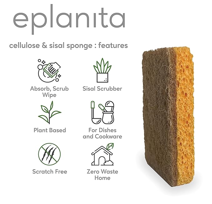 eplanita Natural Plant Based Scrub Sponges (3 Pack), Non-Scratch, Biodegradable Eco Scourers for Kitchen and Bathroom