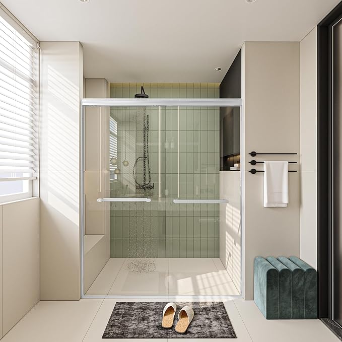 Double Sliding 56-60" W×72" H Shower Door,Semi-Frameless Sliding Glass Shower Door with 1/4''(6mm) Clear SGCC Tempered Glass,for Walk-in Shower Enclosure,Brushed Silvery