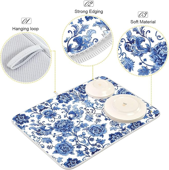 Blue White Porcelain Peony Dish Drying Mat for Kitchen Countertop 16x18 Rectangle Small Drying Mat Reusable Quick Dry Dish Sink Absorbent Mats Dishwasher Easy Clean Decorative Home Decor Essentials