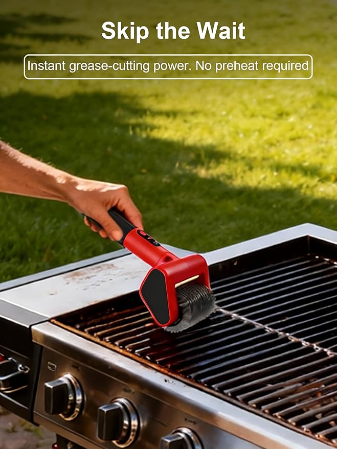 Electric Grill Brush with LED Light, 650 RPM High-Speed Non-Shedding Spinning Cleaner, Removable Washable Brush Head and 2 Scouring Pads, Rechargeable BBQ Cleaning Tool for Outdoor Grilling & Camping