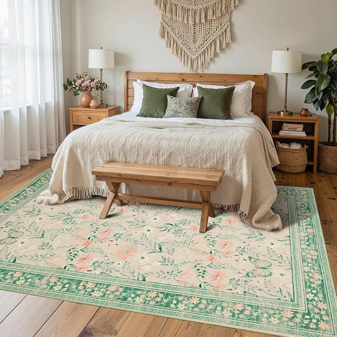 Floral Rug for Living Room Bedroom, 4x6 Washable Rug, Green Vintage Boho Area Rug, Large Non Slip Low Pile Wool Carpet for Indoor Dining Room,Girls Kids Room and Nursery Room(Sage Green 4x6ft)