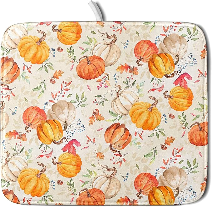 Autumn Fall Dish Drying Mat for Kitchen Counter Watercolor Pumpkin Maple Leaves Drying Mat 16 x 18 Inch with Absorbent Reversible Microfiber Dish Drying Pad Dish Rack Drainer Mat for Coffee Bar