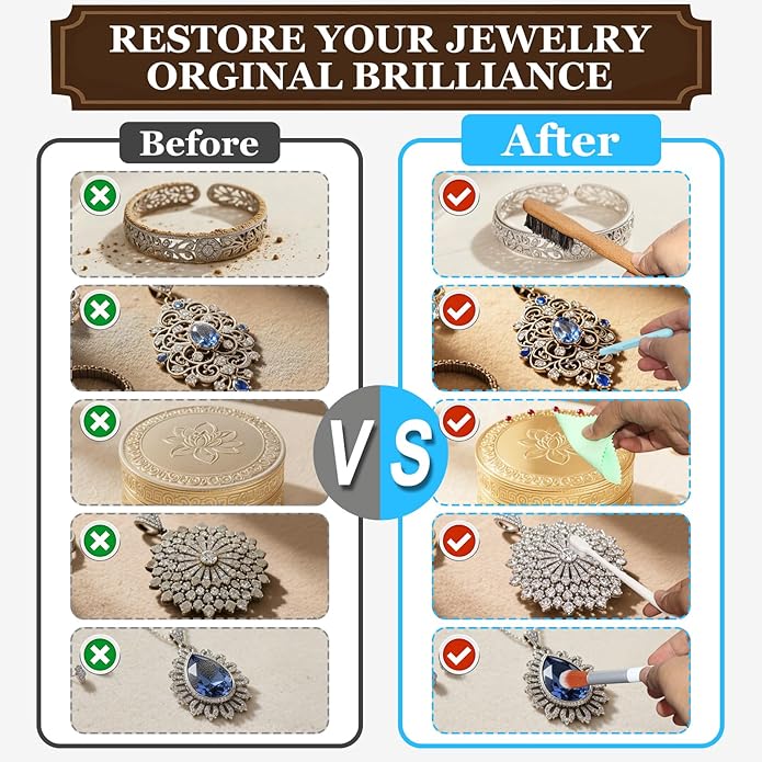 Jewelry Cleaning Kit,20 Pcs Professional Silver Cleaning Kit with Polishing Cloth Needles Brush for All Jewelry Diamond Ring Earring