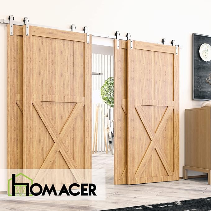 Homacer Brushed Nickel Single Track Bypass Sliding Barn Door Hardware Kit, for Four Doors, 4.5ft Long Flat Track, Classic Design Roller, (2 Flat+ 2 Bent Roller Set)
