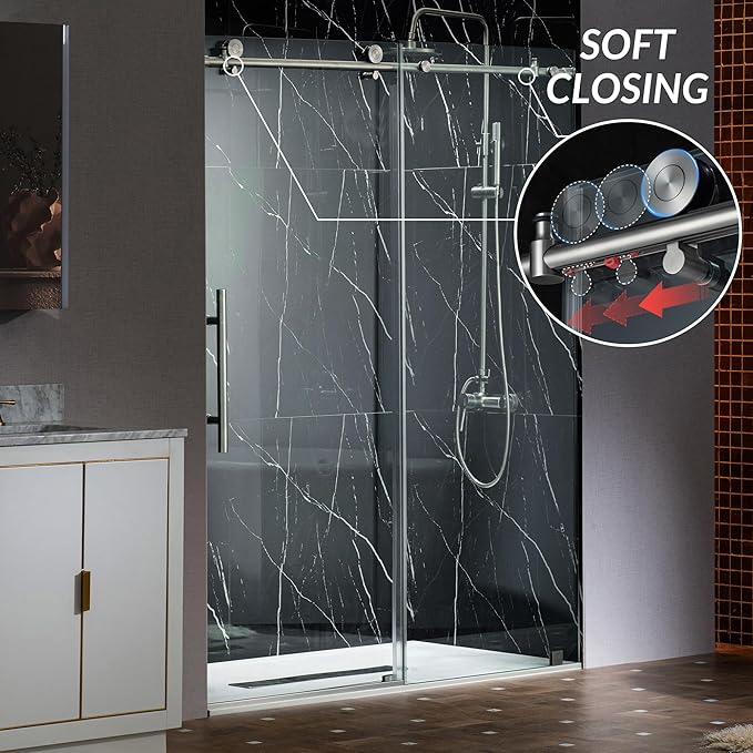 Woodbridge Frameless Single Sliding Shower Doors in Brushed Nickel Finish, 45.5-48" Width x 76" Height with 3/8"(10mm) Clear Tempered Glass, Soft Close System and Explosion-Proof Film, BSDC4876-B