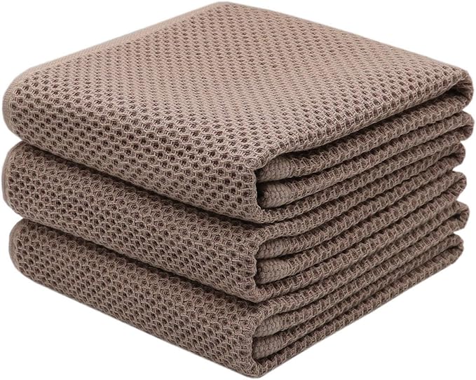 Mia'sDream Cotton Dish Towels for Kitchen, Kitchen Towels, Hand Face Head Towel Waffle Weave, Soft and Absorbent Bath Guest Gym Towel Washcloths, 13inch x 28inch 3 Pack (Brown)