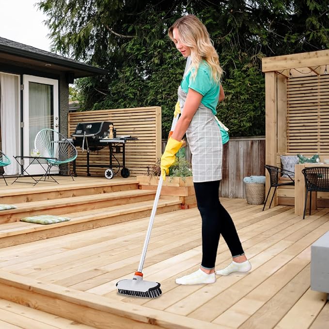 Superio Deck Scrub Brush with Long Handle, Heavy Duty Stiff Bristles Grout Scrubber with Scraper - Cleans Hot Tub, Swimming Pool, Granite Tiles, Bathroom, Patio, Kitchen, Wall and Deck (54 Inches)