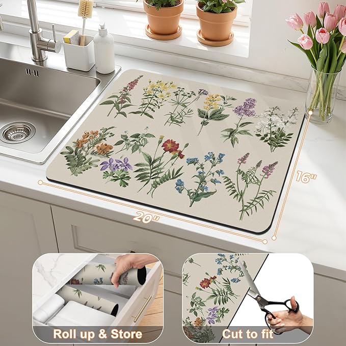 LOKHOM Dish Drying Mat for Kitchen Counter, 16"x20" Absorbent Coffee Bar Mat with Vintage Sage Flower Herbs, Dish Drainer Rack Mat for Kitchen Counter