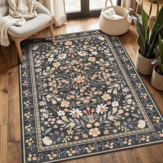 3x5 Rug for Entryway Bedroom, Black 3x5 Washable Area Rug, Floral Vintage Retro Boho Throw Rug, Non Slip & Low Pile Small Carpet for Indoor Kitchen, Bedside, Living Room, Bathroom and Dining