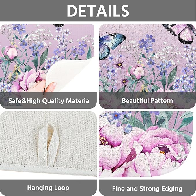 Dish Drying Mat for Kitchen Counter 16x18 Inch, Super Absorbent Dish Drainer Mat, Decorative Microfiber Dishes Drying Pad-Small(Purple Butterfly)