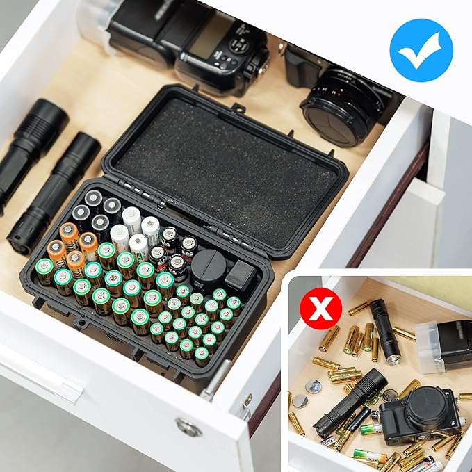 KIWIFOTOS 58 Slots AA AAA Battery Case Holder with Tester IP67 Waterproof Outdoor Household Batteries Storage Organizer Container with CR2032 Coin Cell Battery Holder