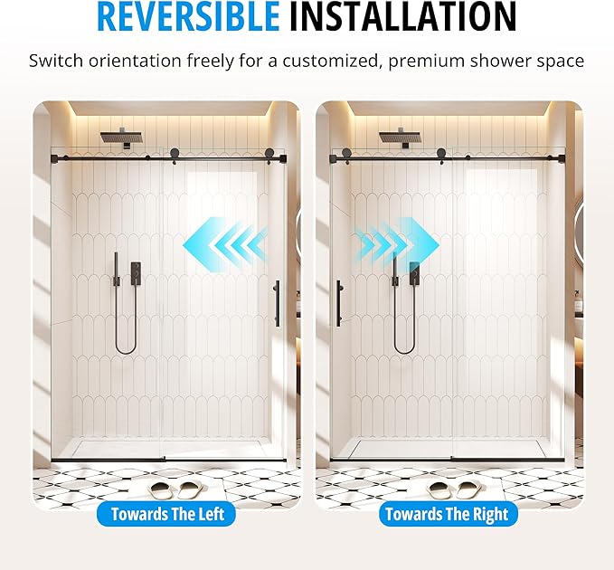 Frameless Sliding Shower Door 56–60 in W x 76 in H, 10mm Clear Tempered Glass Shower Doors Glass Sliding 60 Inches, Single Nano Coating, Stainless Steel Hardware, Silent Smooth Rollers, Matte Black