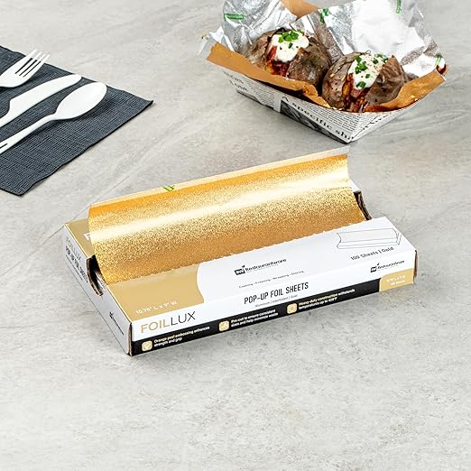 Restaurantware-Foil Lux 10.8 x 9 Inch Pop-Up Sheets, 2000 Disposable Papers For Food - Orange Peel Embossing, Interfolded, Gold Aluminum Foil Sheets, Greaseproof, Freezable And Oven Ready
