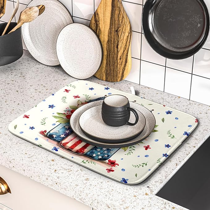 Giwawa American Patriotic Floral Dish Drying Mat Flower Vase Drainer Rack Mats 16"x18" Absorbent Microfiber Dish Dry Pad for Kitchen Counter Sink