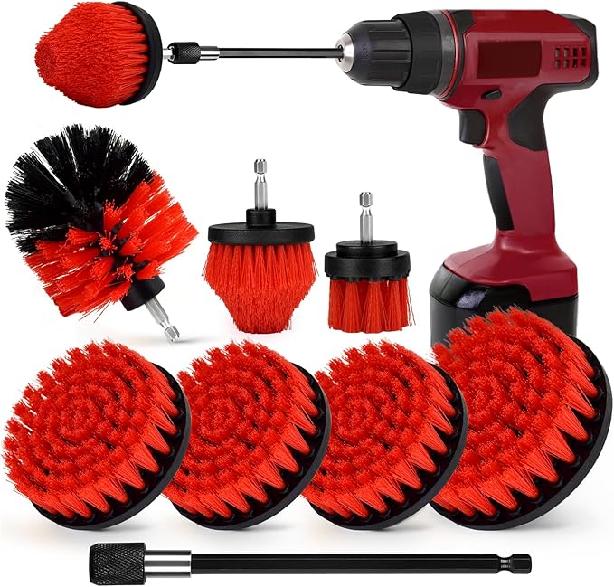 8 Pack Drill Brush Attachment Set, 1/4in Power Scrubber Brush + Extend Long Rod, Multi-Purpose Power Cleaning Scrub Brush for Bathroom, Tub, Tile, Corner, Floor(Red)