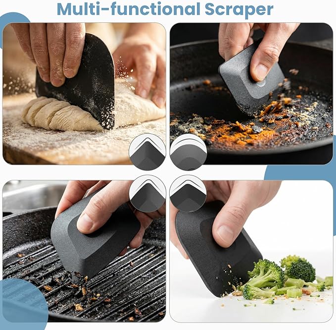 Cast Iron Scrubber with Long Handle | 316 Cast Iron Cleaner Chainmail Scrubber for Pan Skillet Cleaner - Dish Scouring Pad Dishwasher Safe Cleaning Kit (Grey, 1 Scrubber + 1 Scraper)