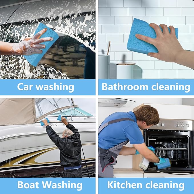 Cleaning and Washing Sponge, 3 Pack Large Extra Thick Heavy Duty Sponge Multi-Purpose for Kitchen Bathroom Bike Boat Car, Natural Cellulose Sponges 4" X 6" X 2" (Blue)