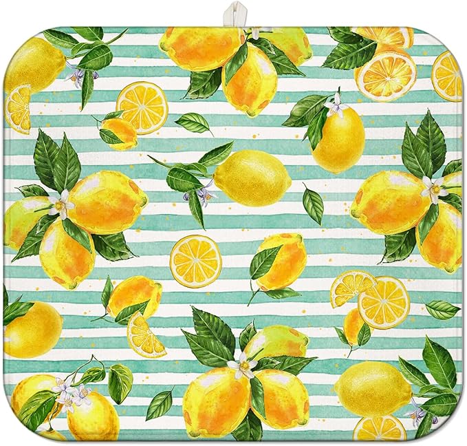 Lemon Dish Drying Mat for Kitchen Counter,Striped Background Yellow Lemon Floral Microfiber Summer Drying Mat, Washable Absorbent Kitchen Countertop Dish Drainer Mat,16×18 Inch