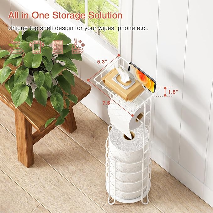 White Toilet Paper Holder Stand with Shelf, Free Standing Bathroom Tissue Holder for Large Mega Rolls, Metal Floor Toilet Paper Roll Holder with Wipes Storage and Phone Tray (White)