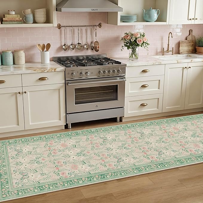2'6" x 8' Floral Runner Rug, Washable Runners for Hallways, Green Vintage Boho Kitchen Rugs, Non Slip Hallway Runner Carpet for Indoor Hallway, Kitchen, Laundry Room and Bathroom