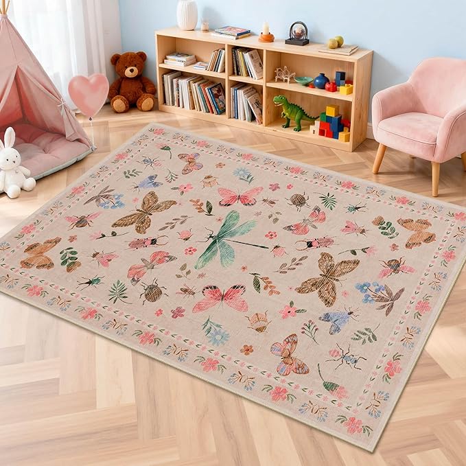 3x5 Rug for Entryway Bedroom, Pink 3x5 Washable Area Rug, Floral Vintage Retro Boho Throw Rug, Non Slip & Low Pile Small Carpet for Indoor Kitchen, Bedside, Living Room, Bathroom and Dining