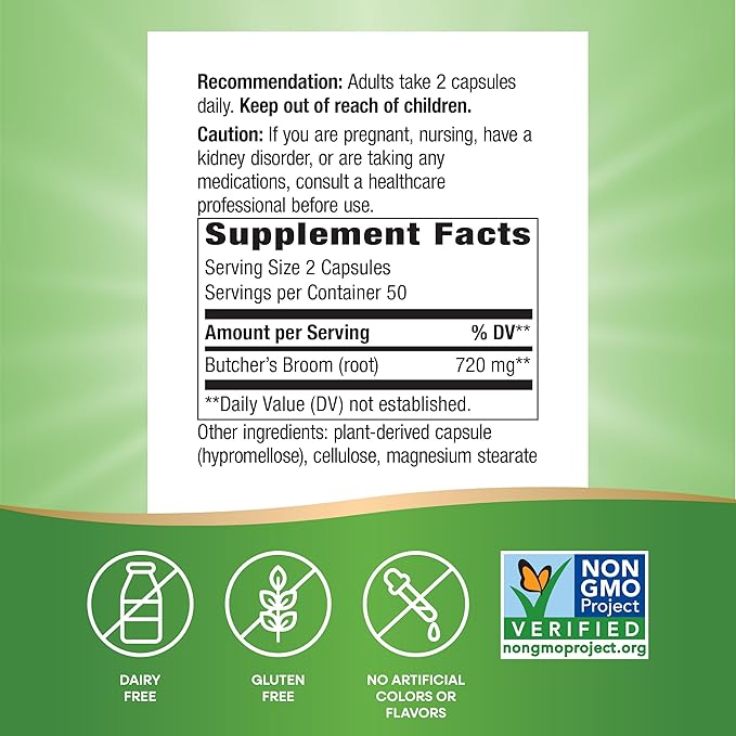 Nature's Way Butcher’s Broom, Traditional Herb, 720 mg per 2-Capsule Serving, Non-GMO Project Verified, 100 Vegan Capsules (Packaging May Vary)